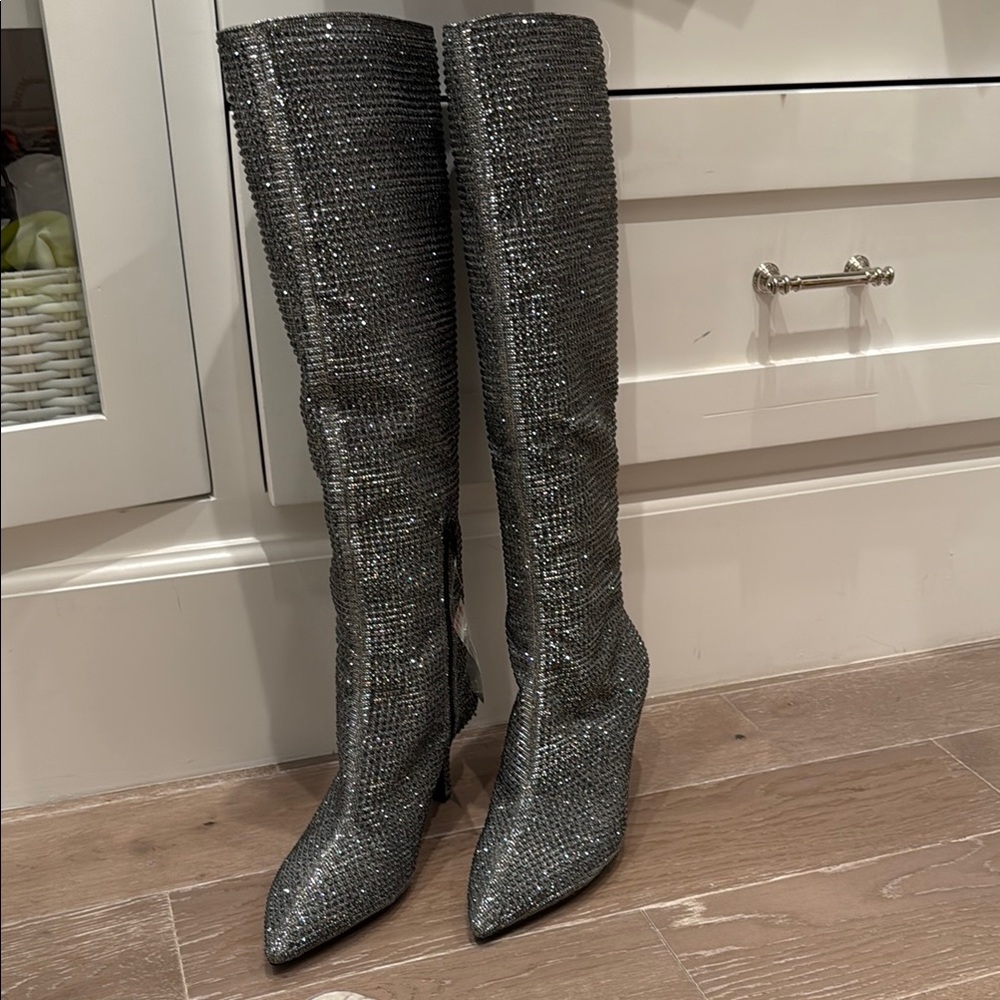 Gunmetal Silver Over the Knee Boots with rhinestones.